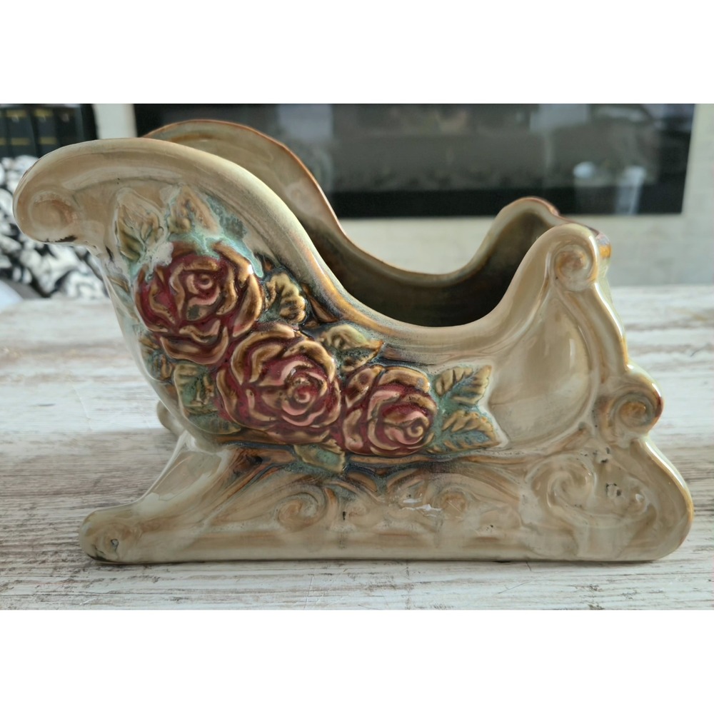 Ceramic Sleigh Planter Vase Raised Roses Floral Scrollwork Glazed 8" Decor